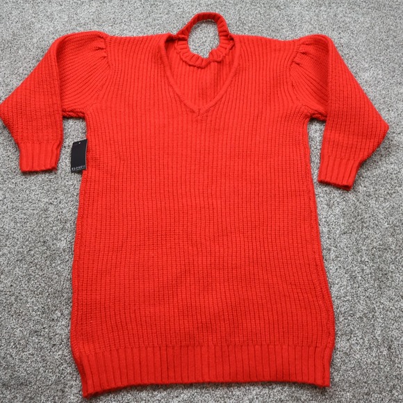 Eloquii Dress Women's Plus Size Red Ribbed Knit Puff Sleeve V-Neck Sweater - Picture 1 of 9